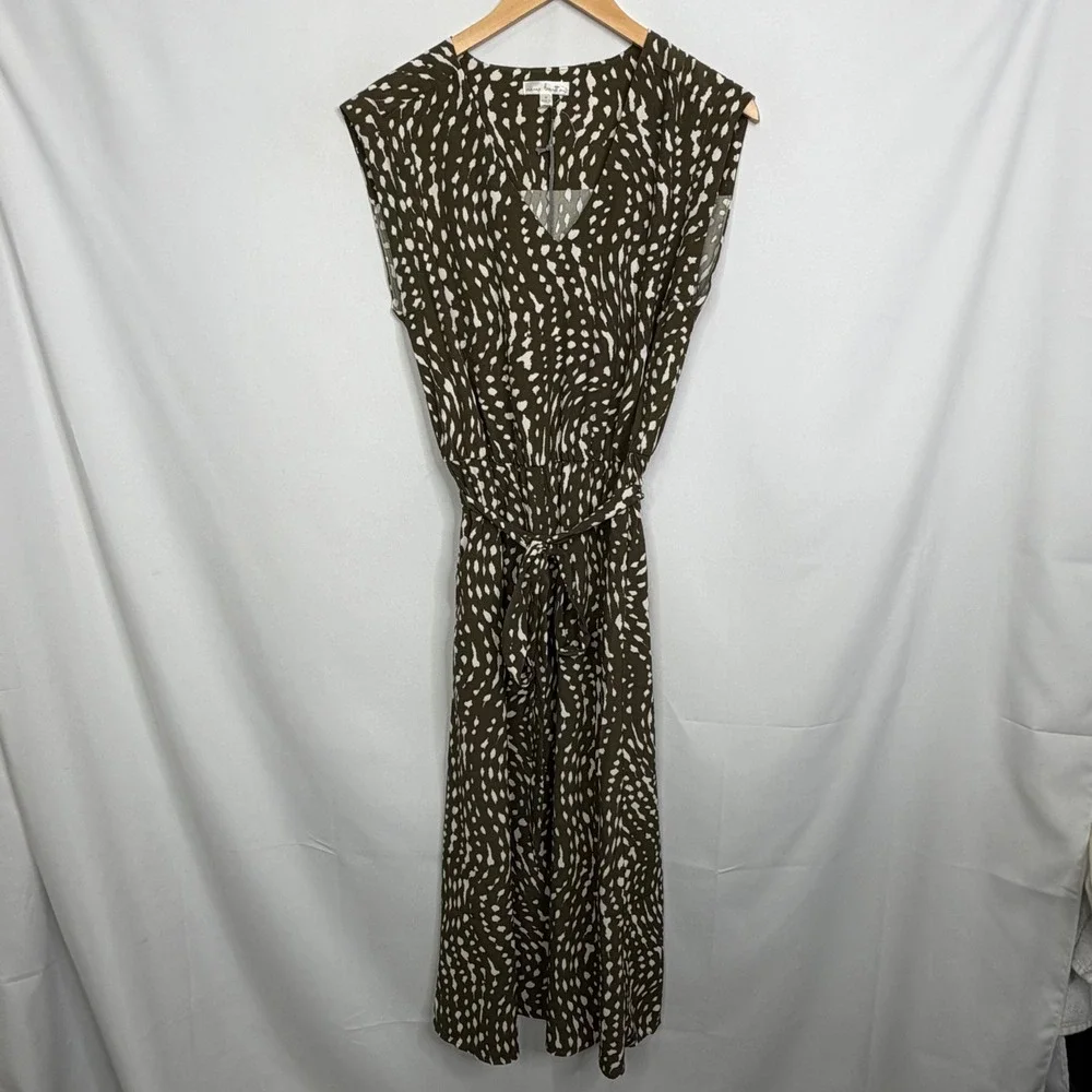 Nine Britton Mari V-Neck Midi Dress Olive Abstract Animal Print Side Slit M NEW